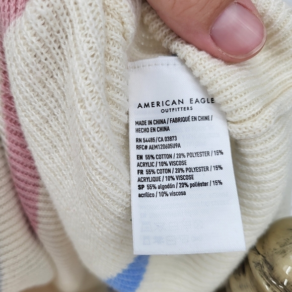 American Eagle Striped Knit Sweater V Neck Slouchy Cream Pink Blue Small - Picture 4 of 8